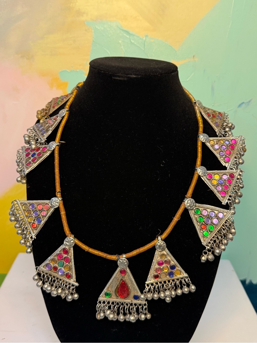 Estate Multicolor Triangle Pendant Statement Necklace